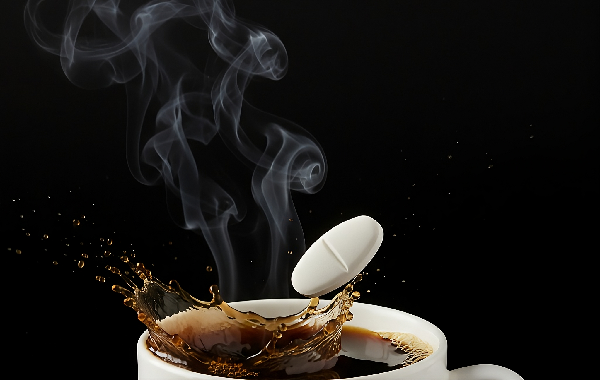 White pill floating above a cup of coffee with steam on a black background